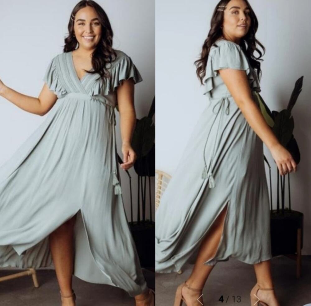 NWT Baltic Born Jennifer Maxi Dress Sz XL Green Ruffle Feminine Deep V Neck